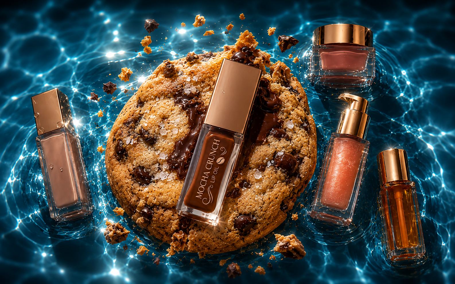 After cosmetics in gold packaging on rippling blue water