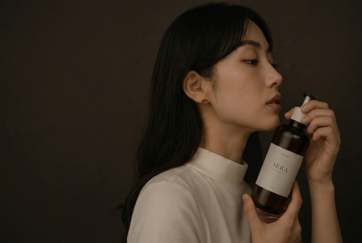 Woman holding a skincare bottle